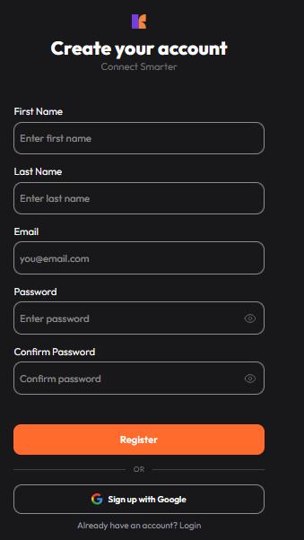 Konneqta sign-up screen