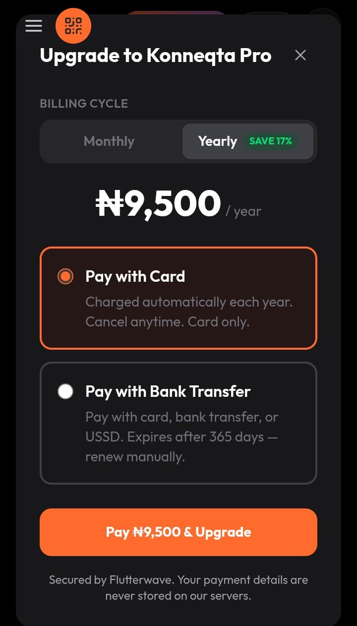 Upgrade to Konneqta Pro, yearly billing